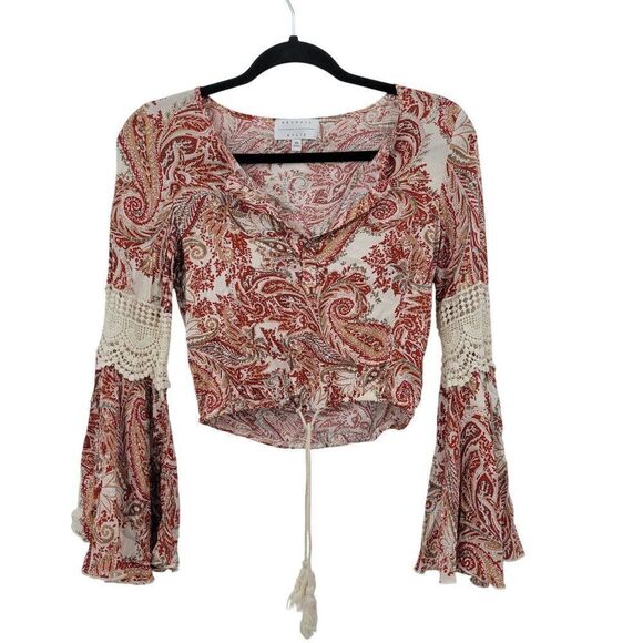 Kendall + Kylie Boho Cropped Paisley Print Top Bell Sleeves Lace Trim Sz XS Red - Picture 5 of 13